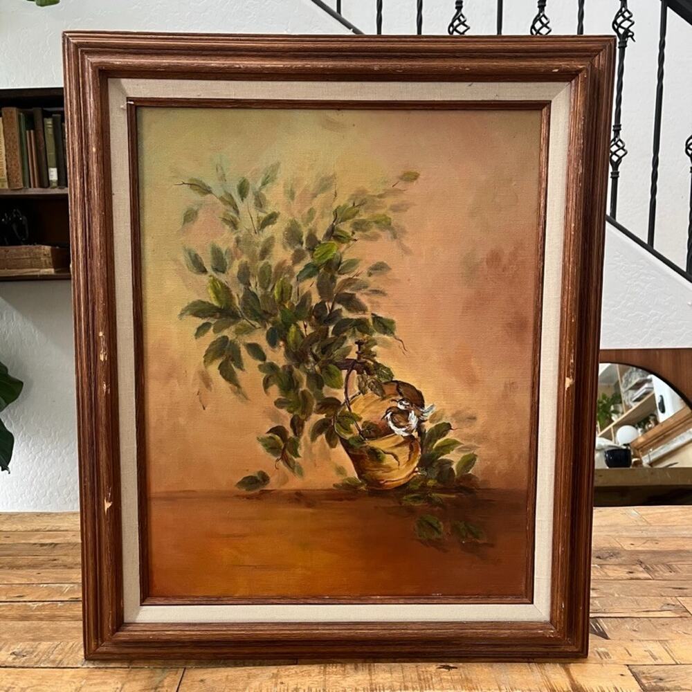 Framed Still Life Oil Painting Birds Resting by a Water Tap Surrounded by Leaves